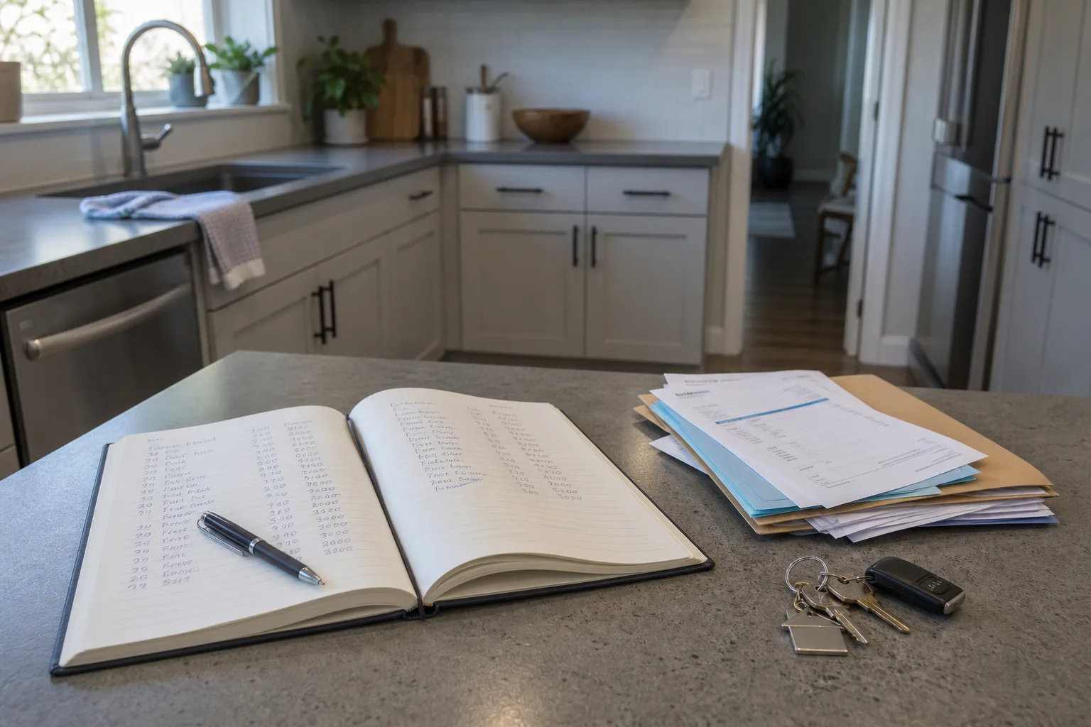 A kitchen counter with a hardbound notebook open to a ruled page of handwritten entries, beside a folder of invoices and a set of house keys