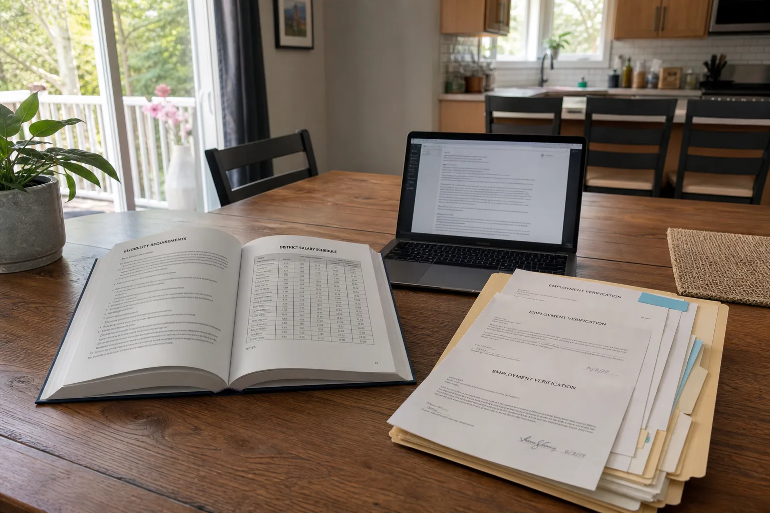 A kitchen table with a printed state credential handbook open to a page of eligibility requirements, a district salary schedule, and a folder of old employme...