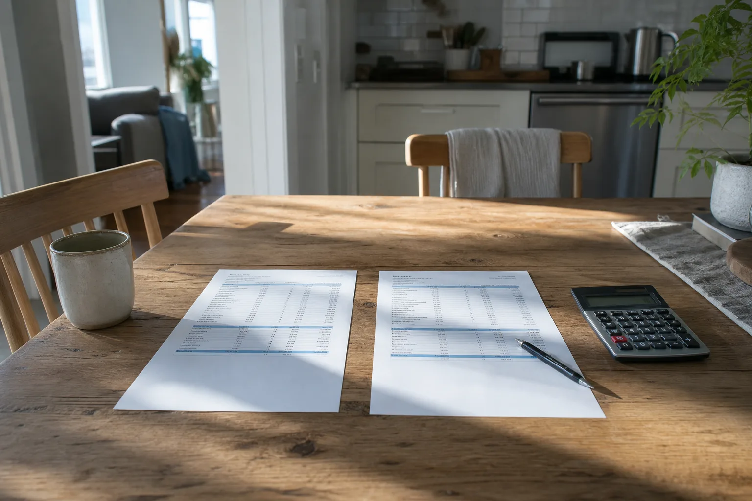 A kitchen table with two printed statements side by side, a calculator and a pen, morning light across the paper