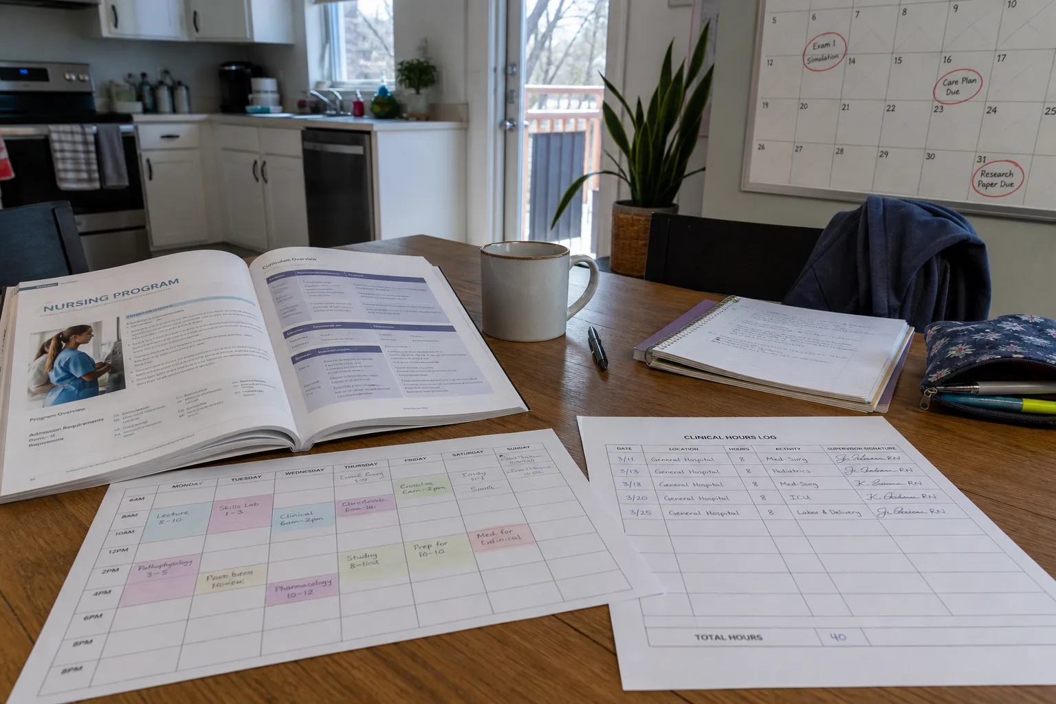 An adult student's kitchen table with an open program catalog, a printed weekly schedule grid, a signed clinical hour log sheet, and a wall calendar with dea...