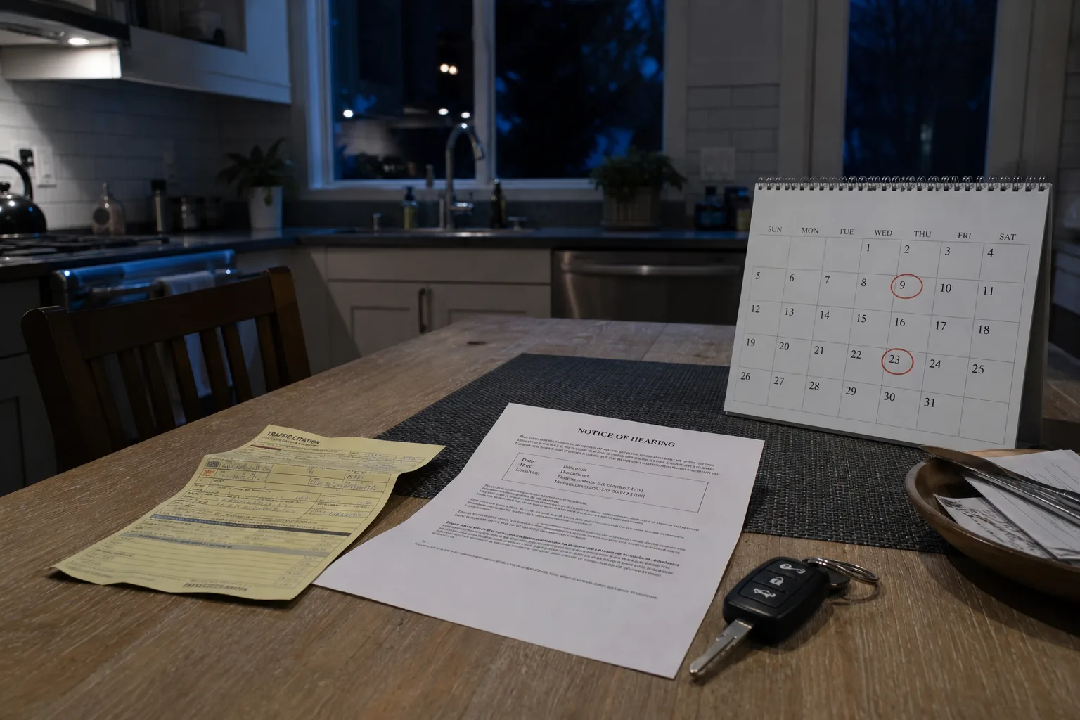 A kitchen table at night with a folded traffic citation, a printed hearing notice, a car key, and a wall calendar with two dates circled