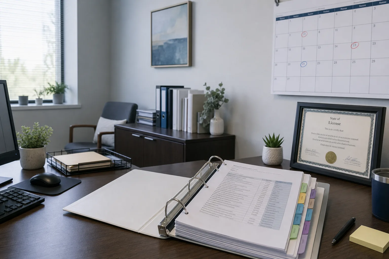 A clinic administrator's desk with an open ring binder of tabbed credentialing documents, a wall calendar marked with renewal dates, and a framed state licen...