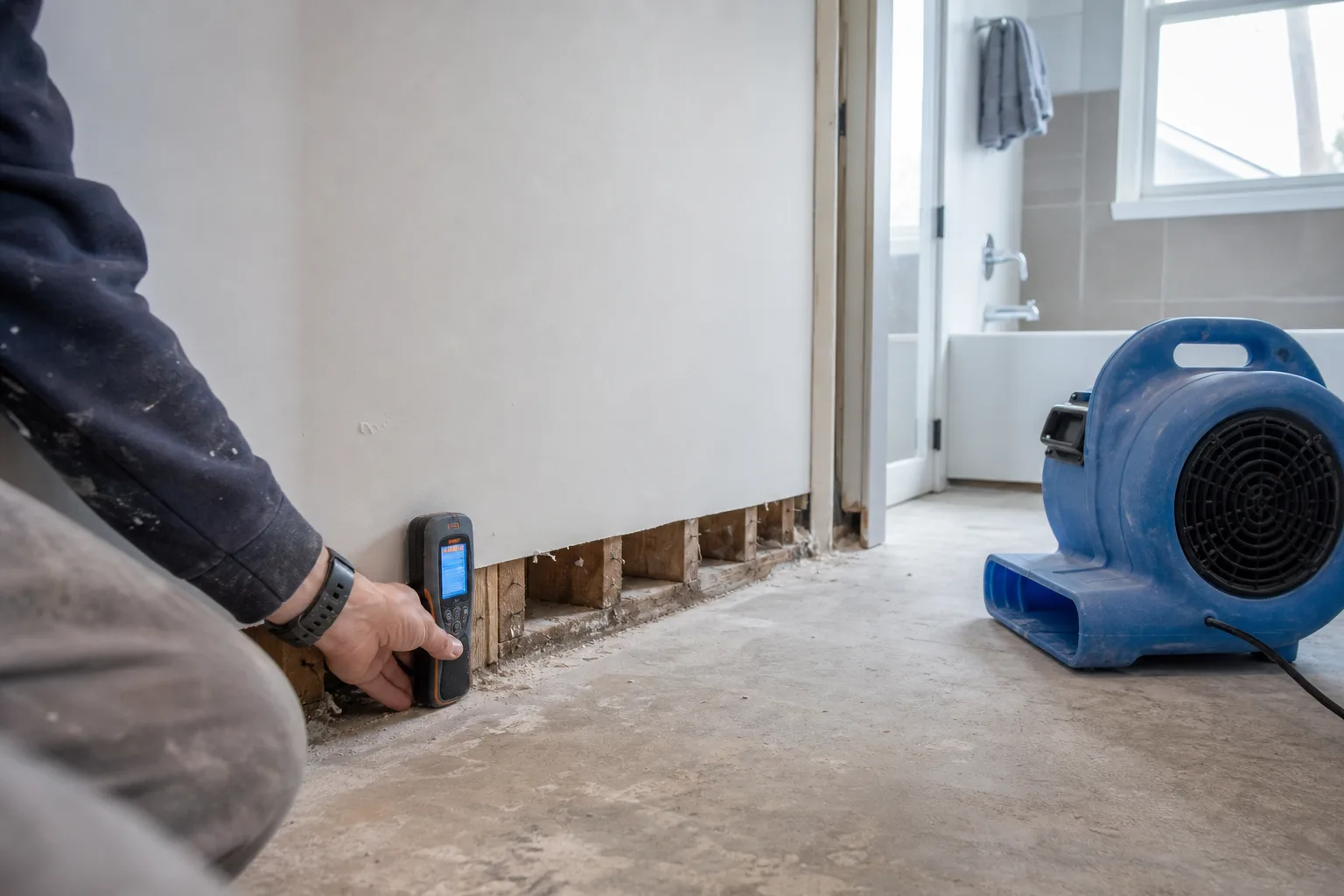 A moisture meter pressed against the bottom edge of a drywall wall in a partially opened bathroom, with baseboard removed and an air mover on the floor nearby