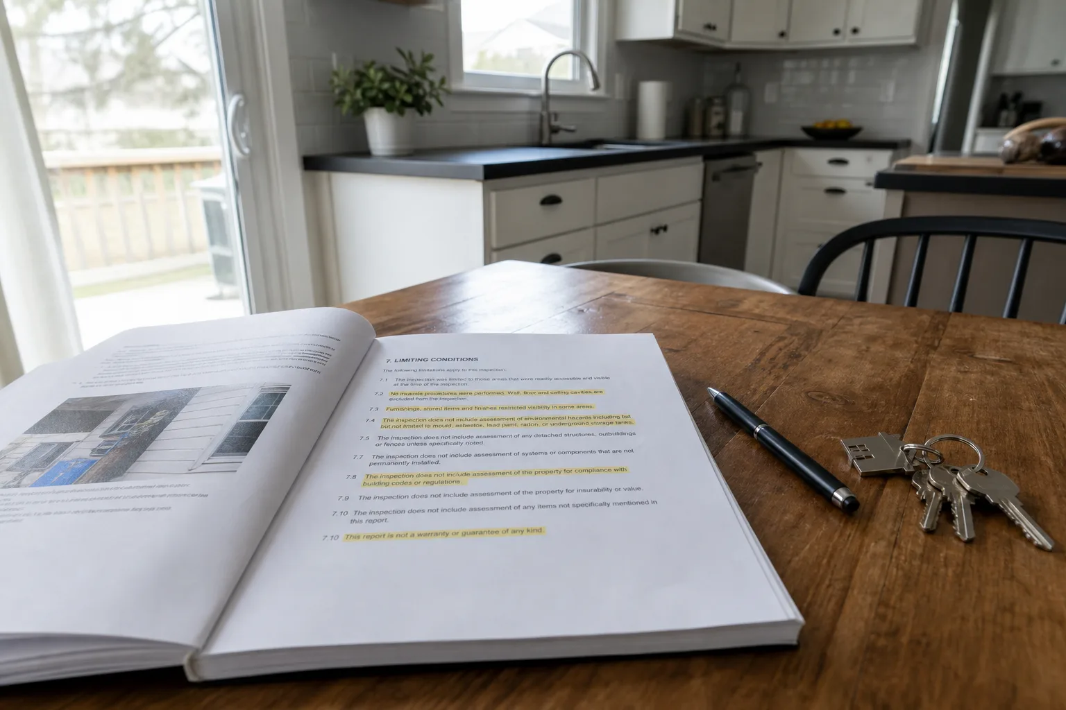 A printed multi-page home inspection report on a kitchen table, open to a page of limiting clauses with several lines highlighted, beside a pen and a set of...