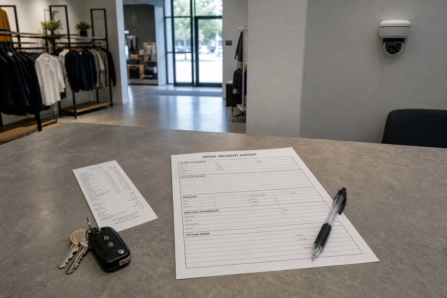 A single-page retail incident report form on a counter beside a store receipt, a set of keys and a ballpoint pen, with a wall-mounted security camera visible...