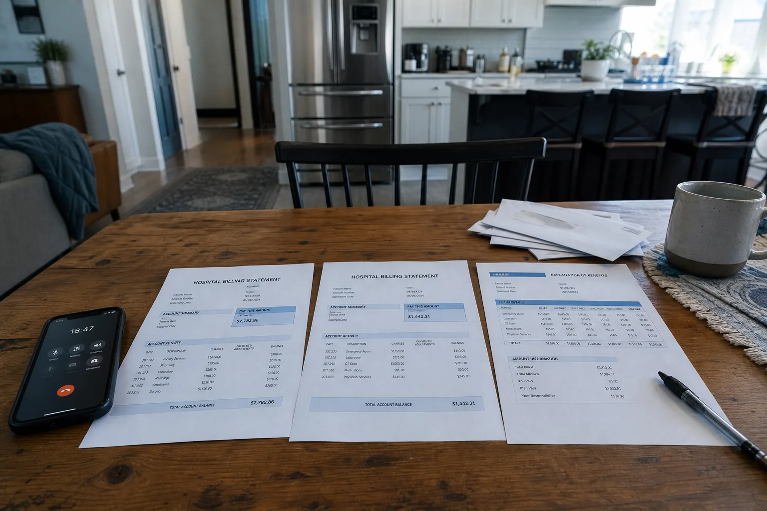 A kitchen table with two separate hospital billing statements laid side by side, an insurance explanation of benefits, a pen, and a phone with a call timer r...