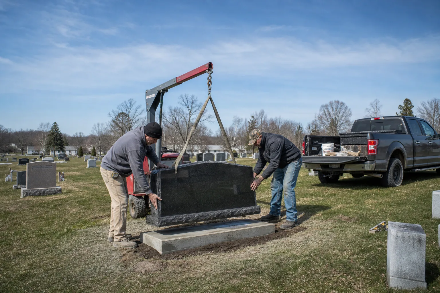 A monument setter and a helper lowering a polished granite marker onto a freshly poured concrete foundation in a small township cemetery, with a pickup truck...