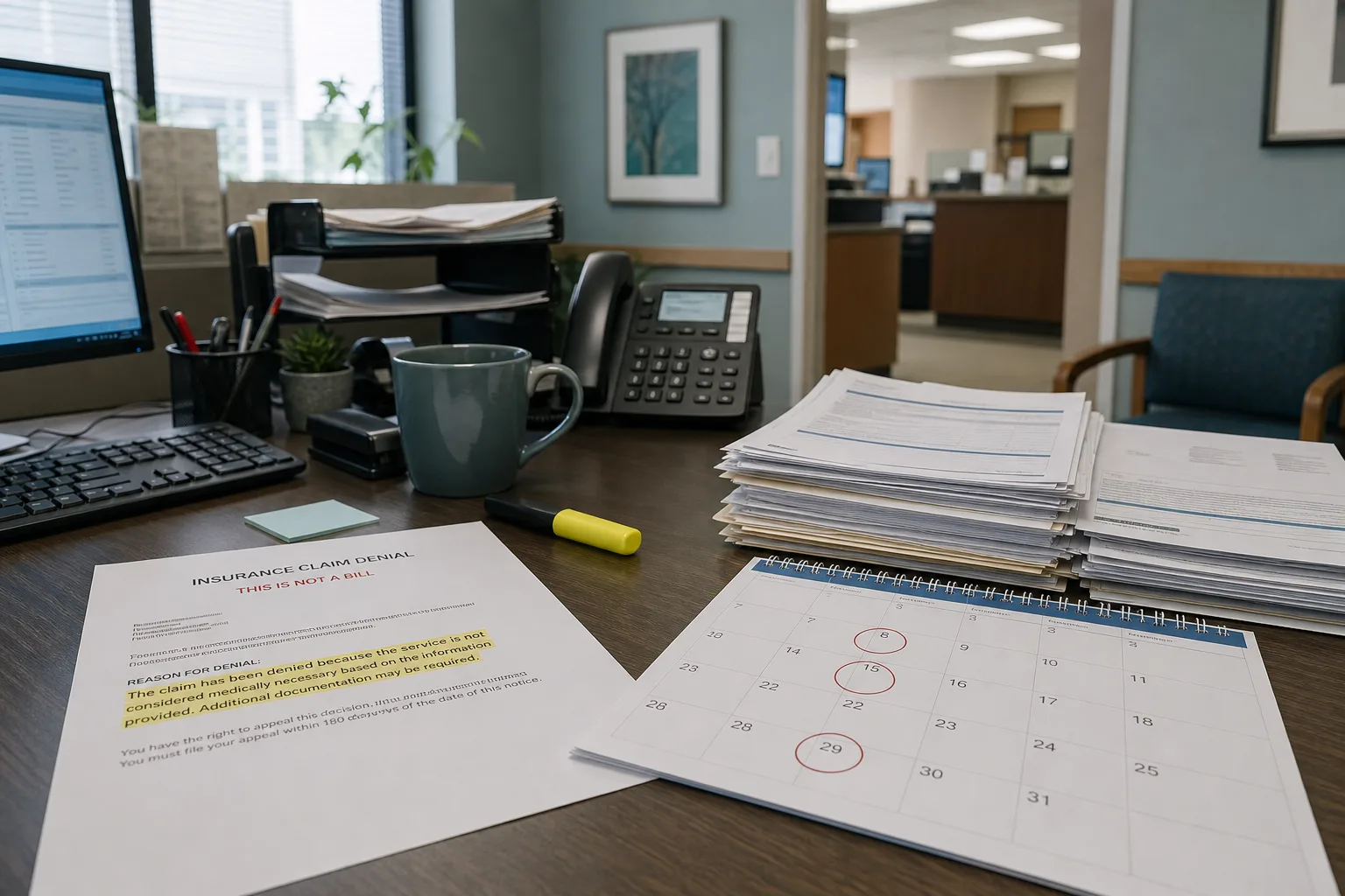 A hospital billing office desk with a printed insurance denial letter, a highlighted paragraph, a calendar page with dates circled, and a stack of medical re...