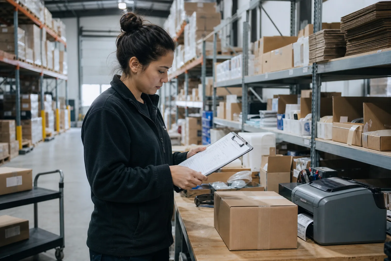 A warehouse worker at a packing station reviewing a printed invoice on a clipboard, with shelving racks, corrugated boxes and a label printer visible behind...
