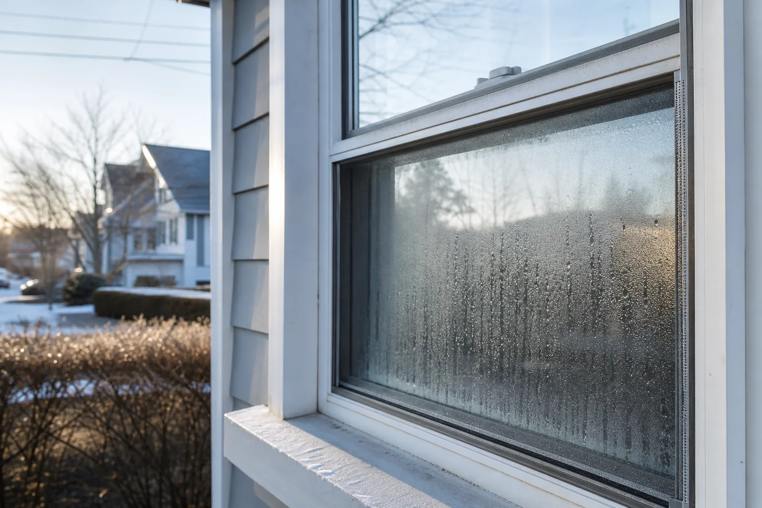 A close-up of a double-hung residential window on a cold morning, with condensation beaded on the lower portion of the glass and a visible metal spacer bar a...