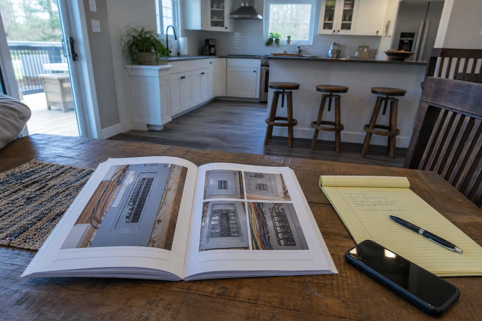 A printed home inspection report spread across a kitchen table, open to a page of photographs of an electrical panel, with a notepad and a phone beside it