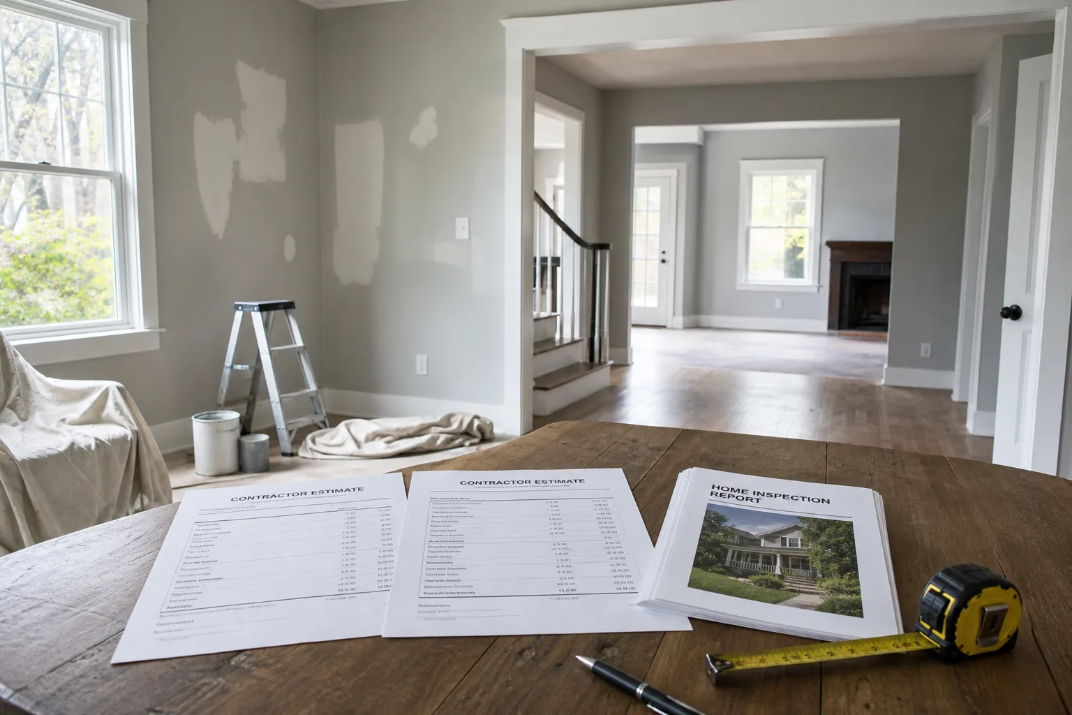 A kitchen table with two contractor estimates side by side, a home inspection report, a tape measure and a pen, in a house partway through being prepared for...