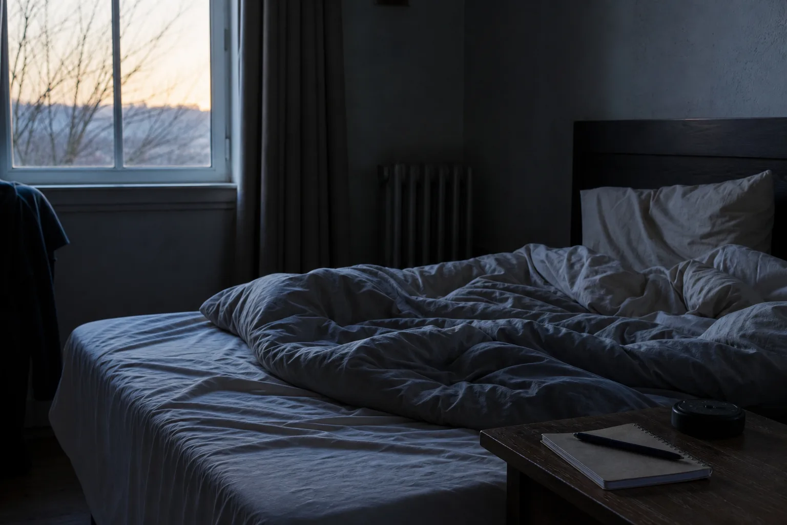An unmade bed in a dim bedroom at dawn with a bedside table holding a paper notebook, a pen, and an analog alarm clock turned face down