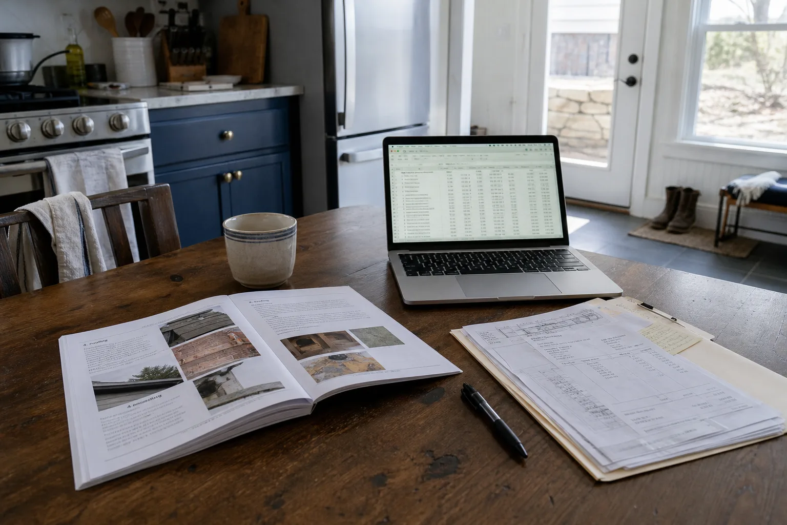 A kitchen table with a printed home inspection report open beside a laptop showing a spreadsheet, a pen, and a folder of invoices and permit printouts
