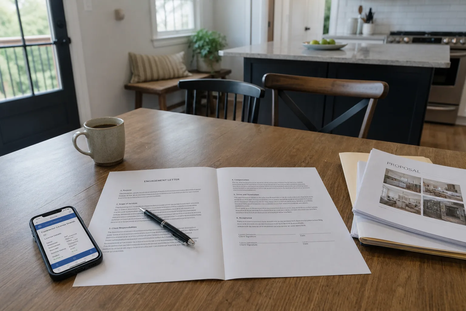 A kitchen table with a two-page engagement letter, a pen resting on the scope of services paragraph, and a phone showing a licensing board search result besi...