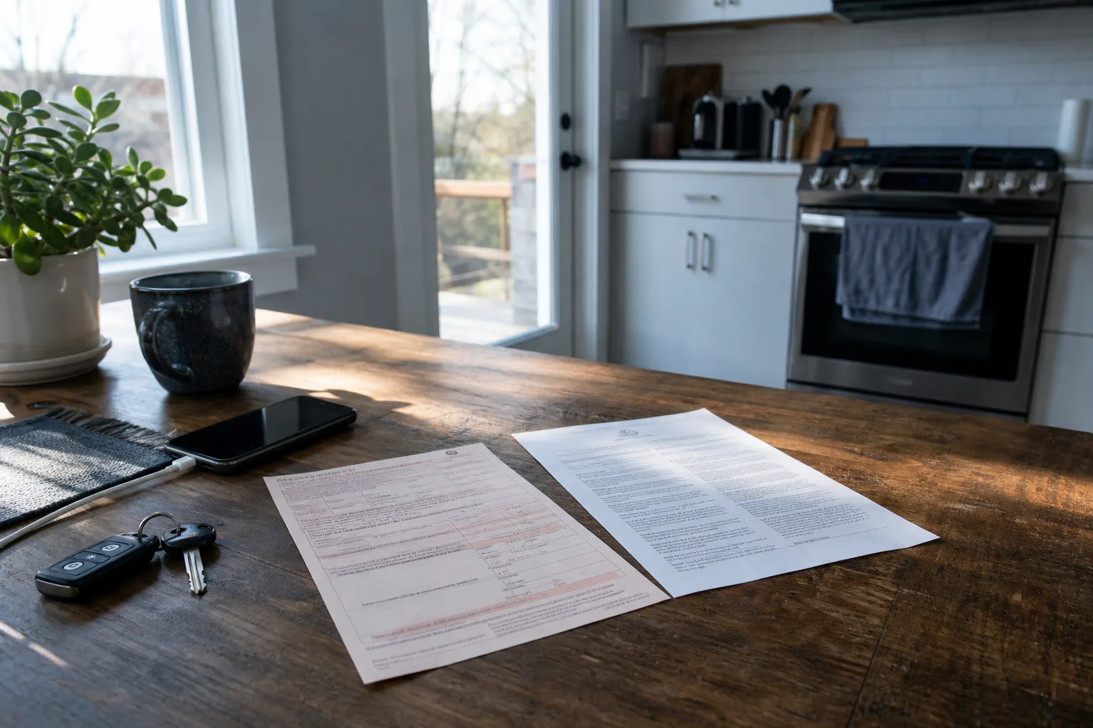 A citation and a separate license notice form lying on a kitchen table beside a set of car keys and a phone charging, early morning light through a window